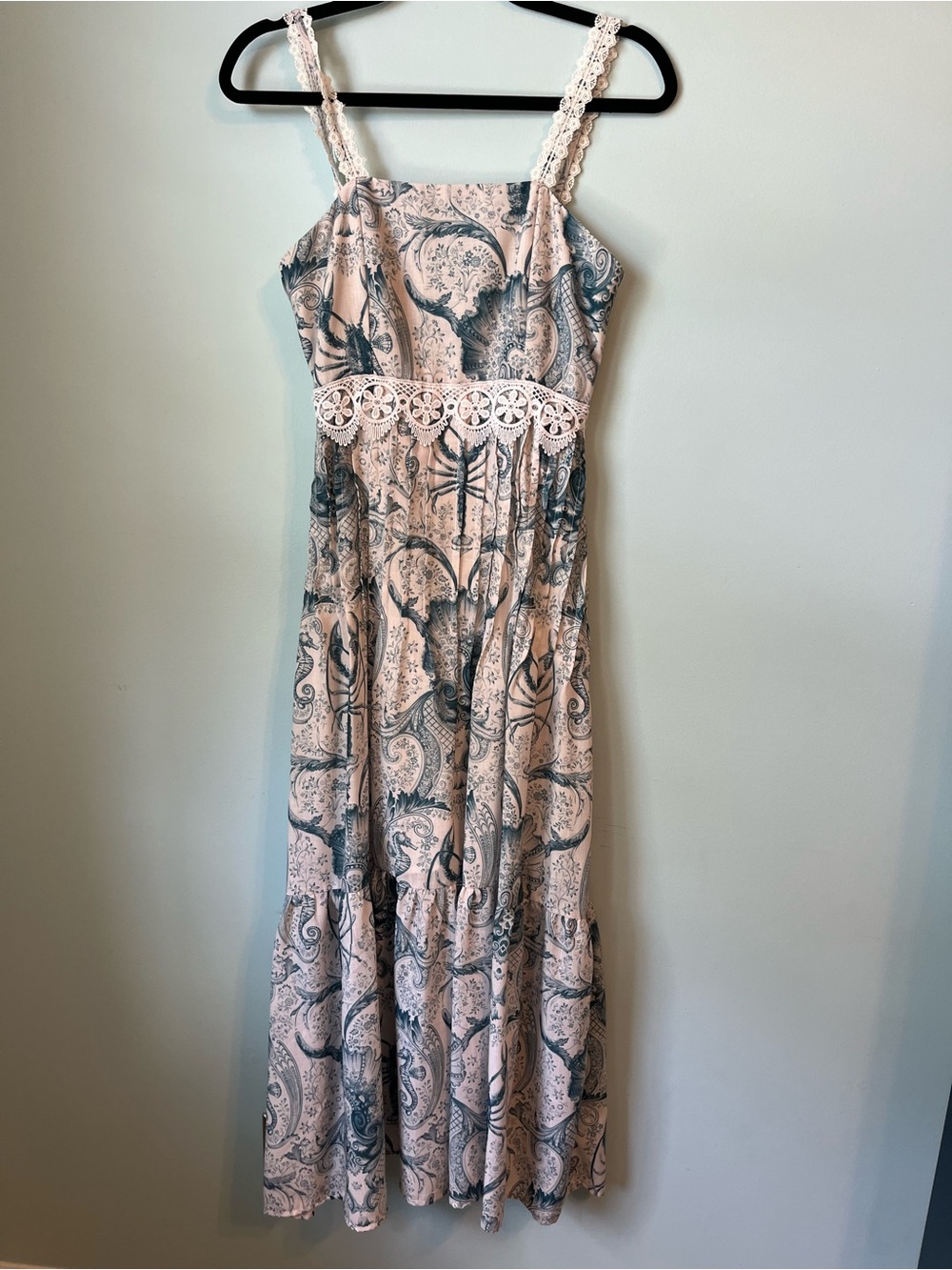 Bianca Mar Blue Toile Lace-Trim Maxi Dress Size Small